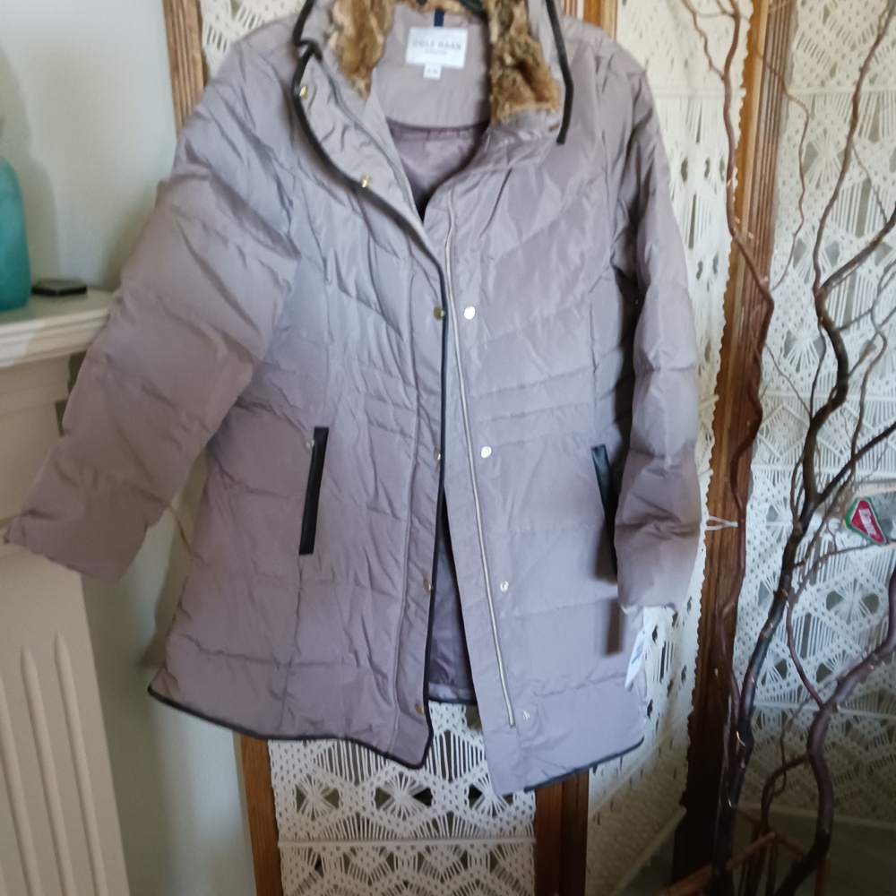 Cole Haan Women's Taupe Puffer Jacket with Fur Collar